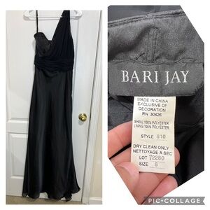 Bari Jay Black Satin Chiffon Grecian Goddess One Shoulder Dress size 8